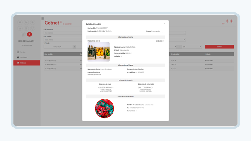 Pantalla con el listado de pedidos con un popup con el detalle de un pedido
